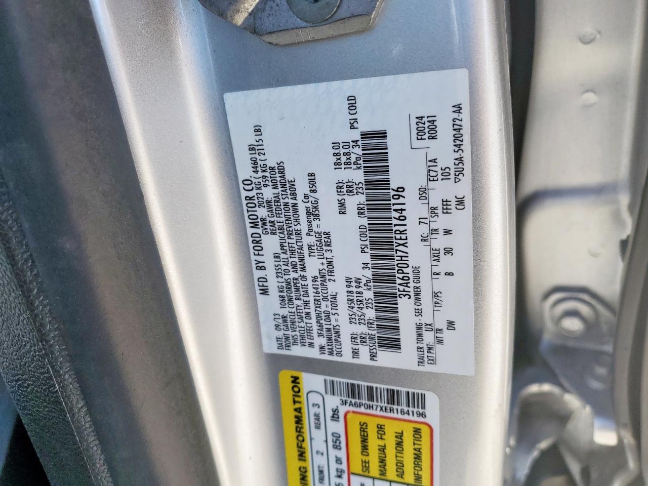 2014 Ford Fusion Se VIN: 3FA6P0H7XER164196 Lot: 91995615