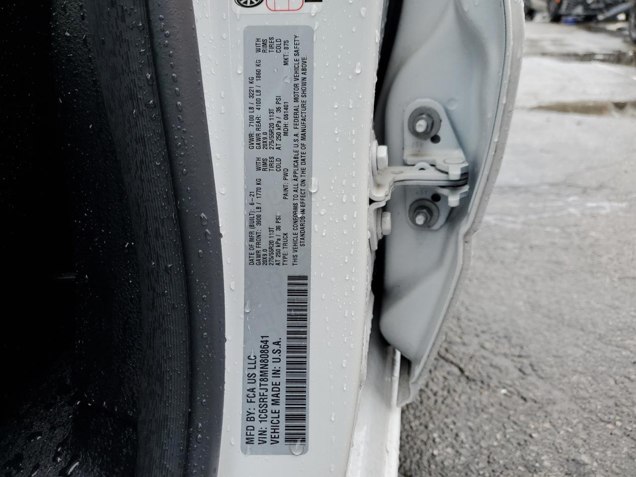 2021 Ram 1500 Laramie VIN: 1C6SRFJT8MN808641 Lot: 92491815