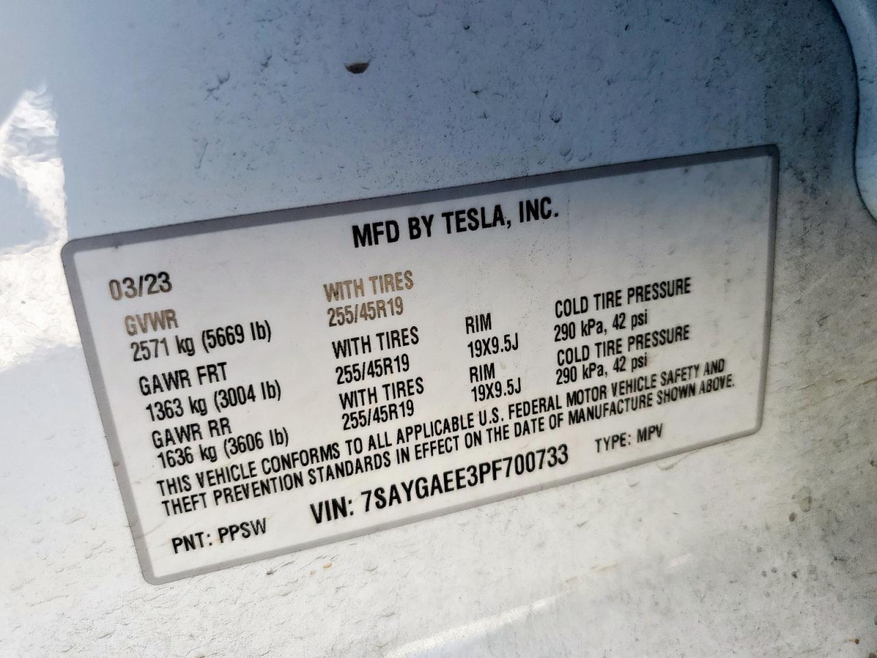 2023 Tesla Model Y VIN: 7SAYGAEE3PF700733 Lot: 92318685