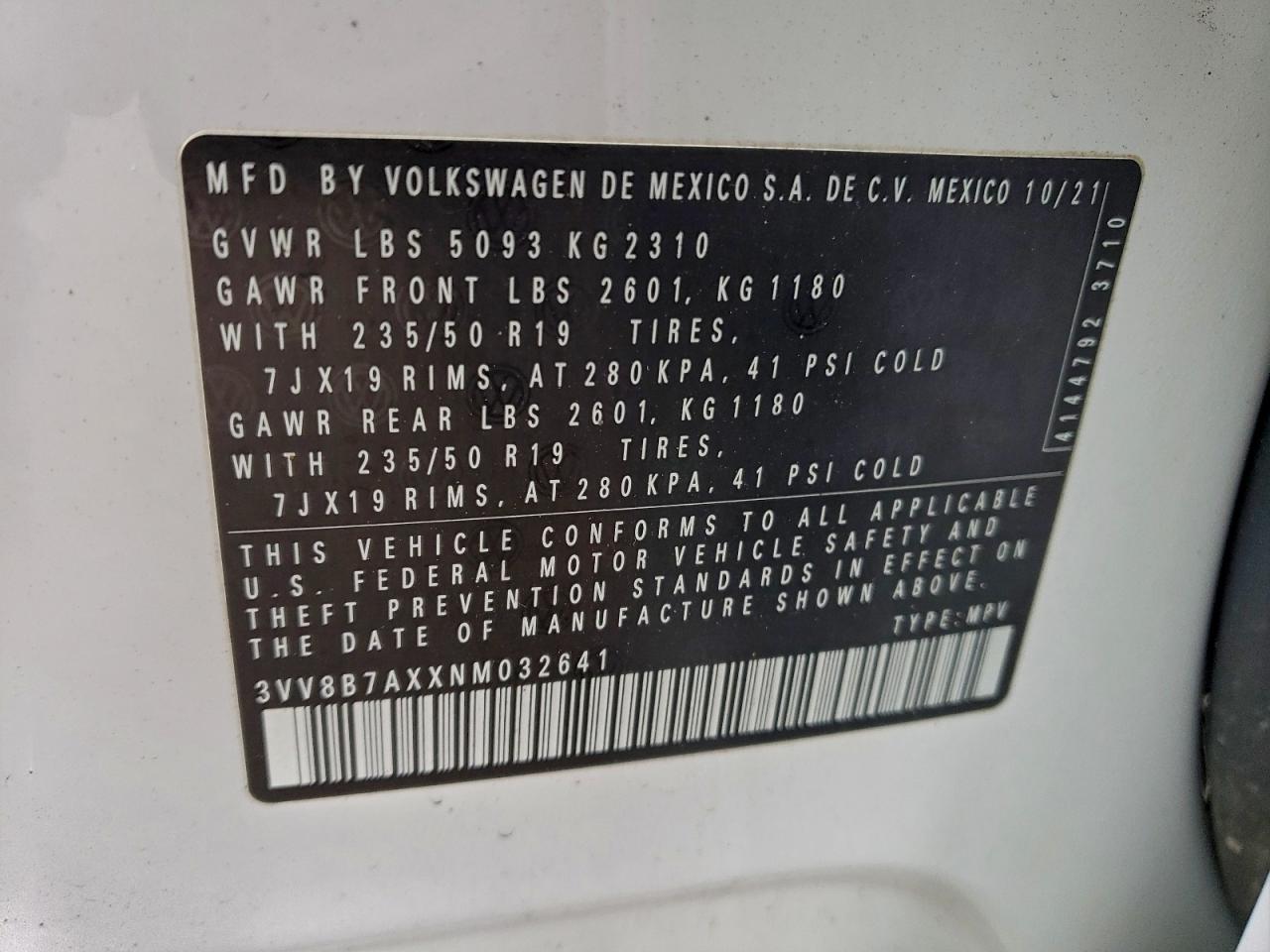 2022 Volkswagen Tiguan Se R-Line Black VIN: 3VV8B7AXXNM032641 Lot: 93644515