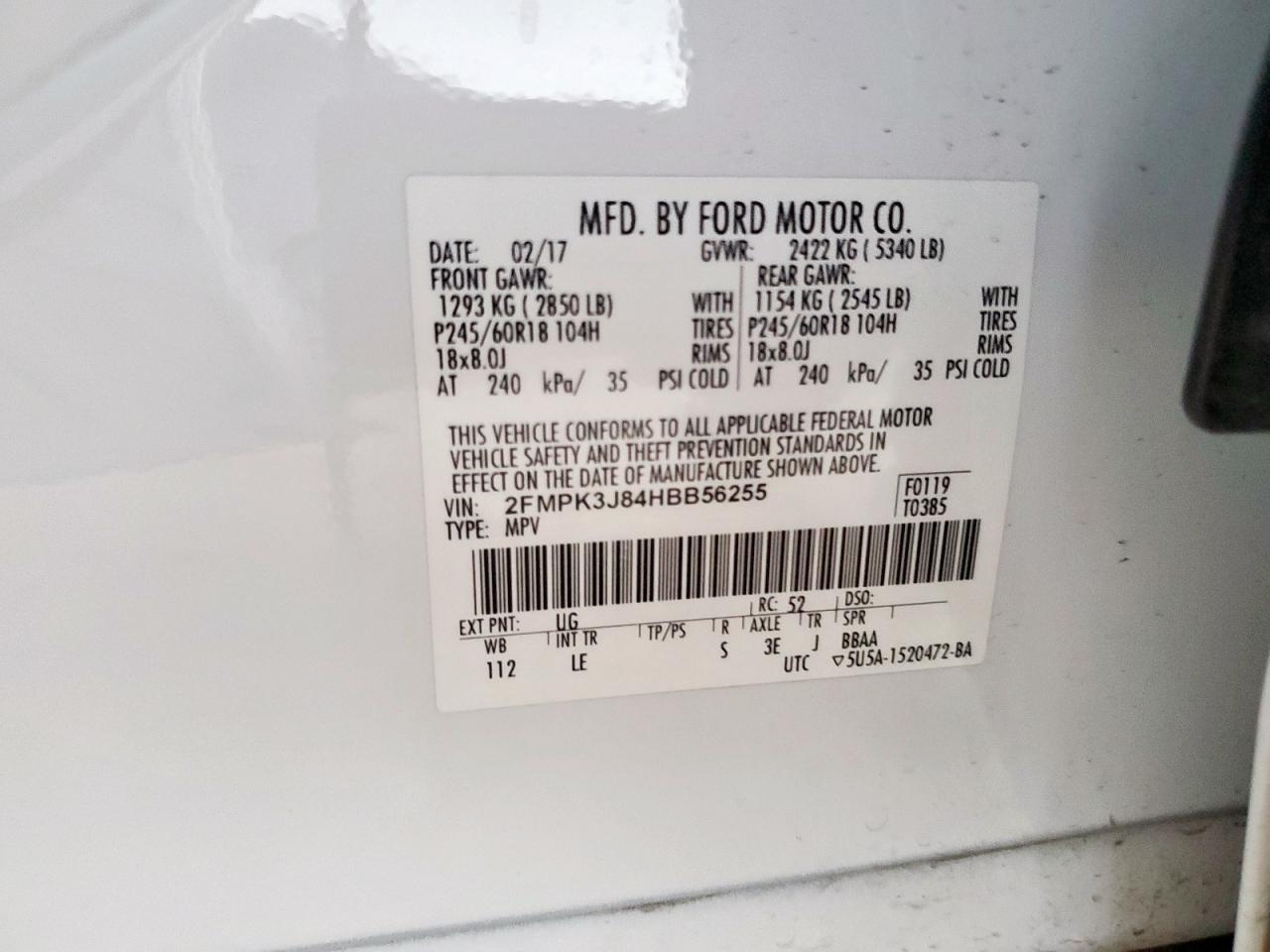 2017 Ford Edge Sel VIN: 2FMPK3J84HBB56255 Lot: 91944865