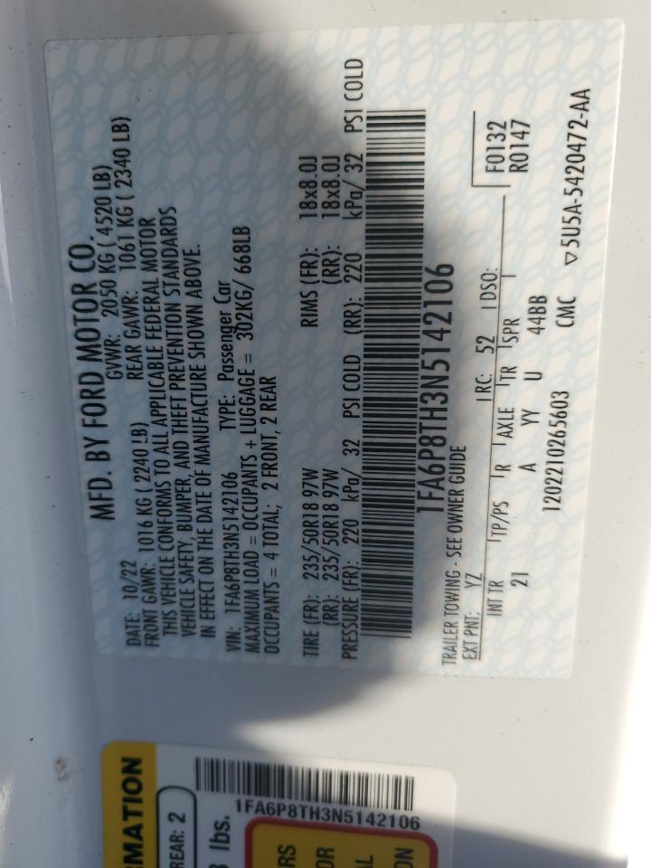 2022 Ford Mustang VIN: 1FA6P8TH3N5142106 Lot: 92404735