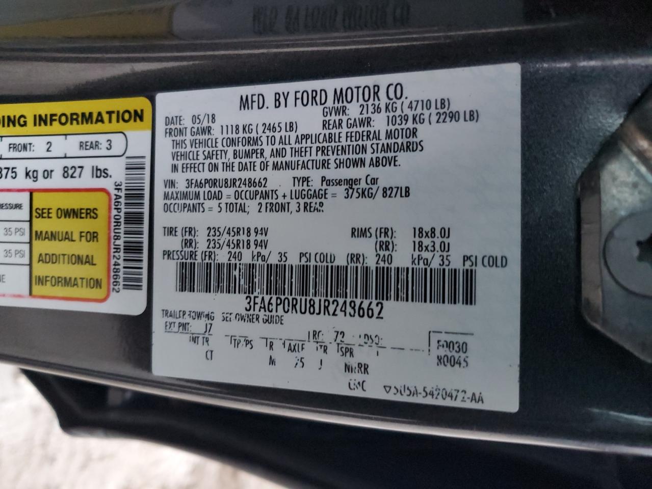 2018 Ford Fusion Titanium/Platinum Hev VIN: 3FA6P0RU8JR248662 Lot: 91410895