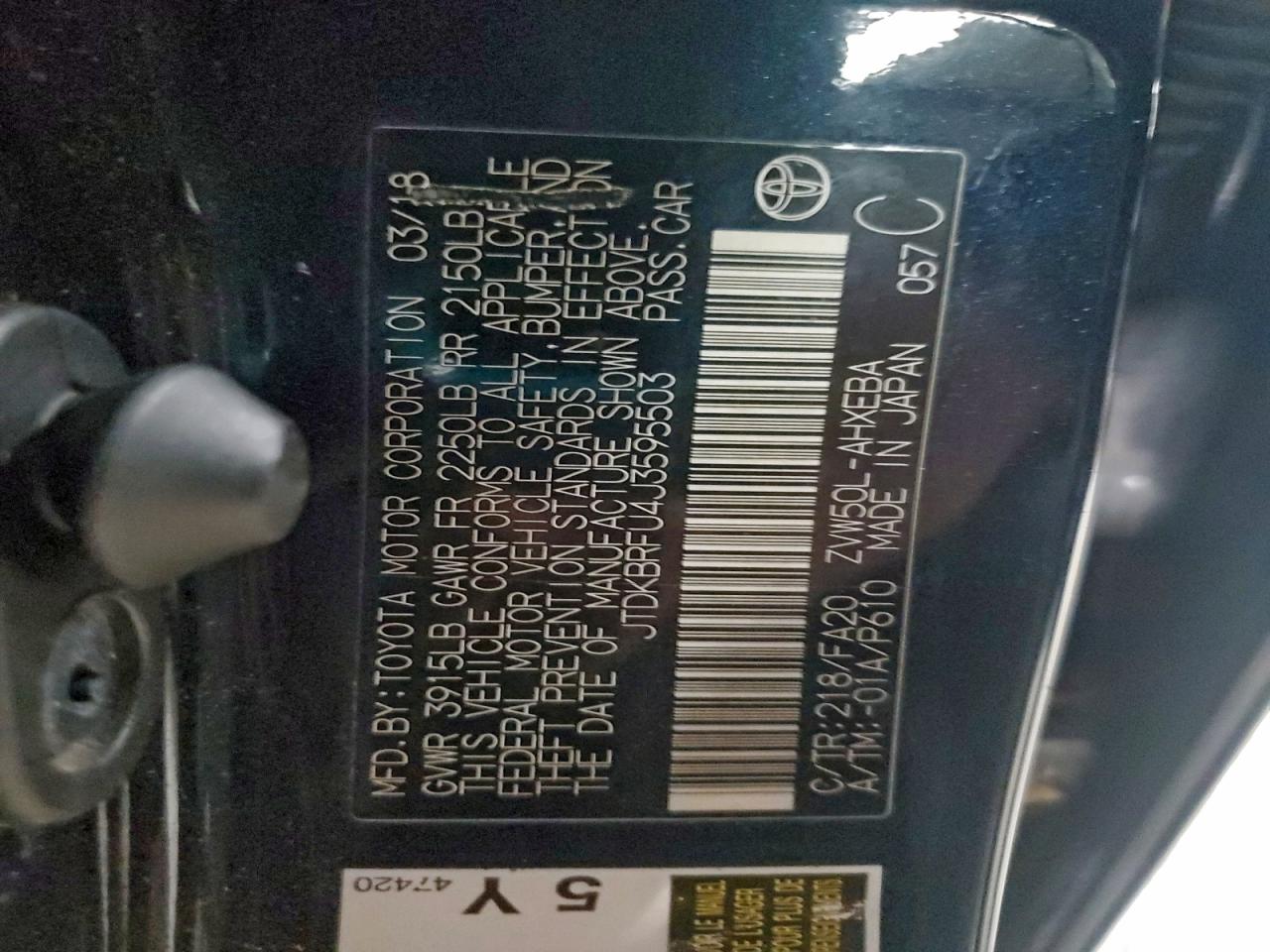 2018 Toyota Prius VIN: JTDKBRFU4J3595503 Lot: 94489405