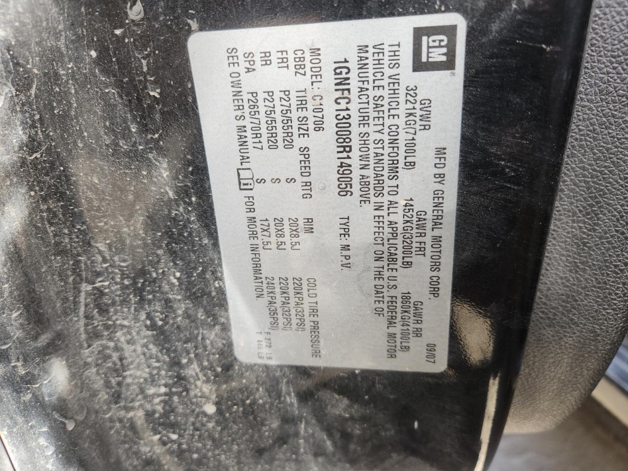 2008 Chevrolet Tahoe C1500 VIN: 1GNFC13008R149056 Lot: 93474565