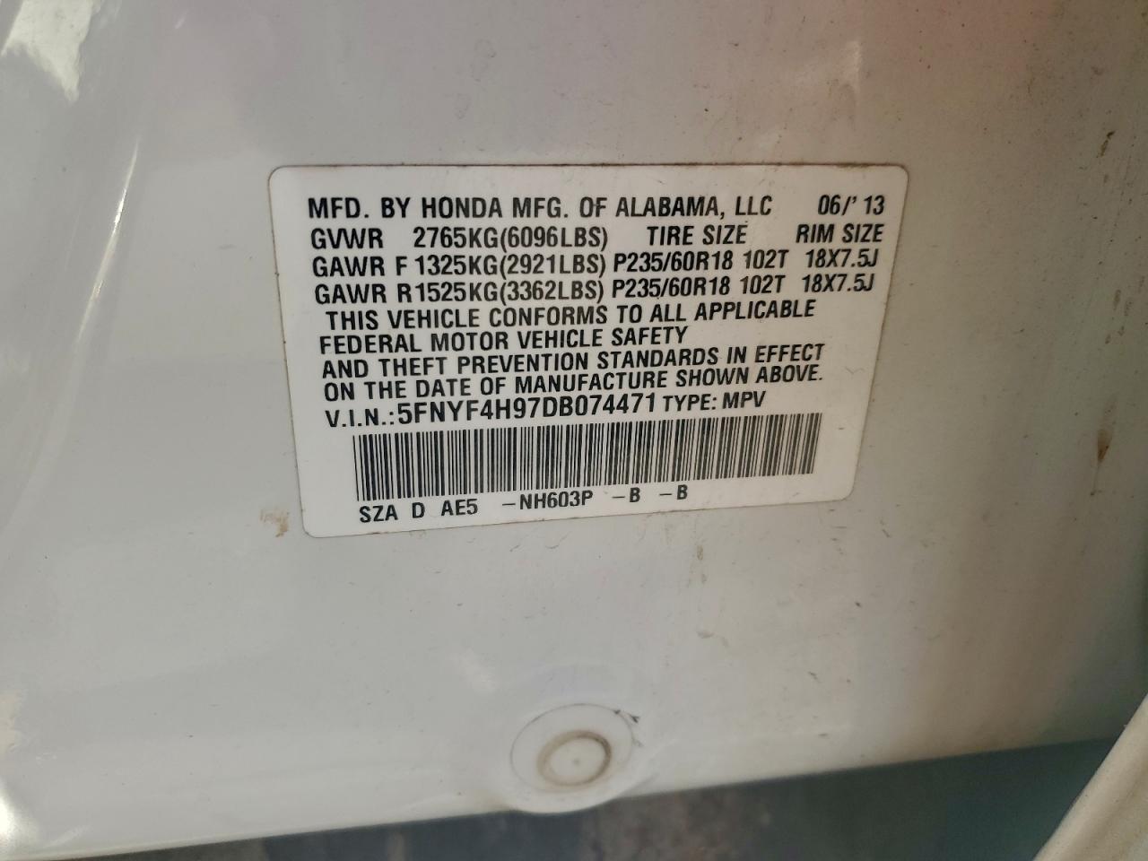 2013 Honda Pilot Touring VIN: 5FNYF4H97DB074471 Lot: 93728395