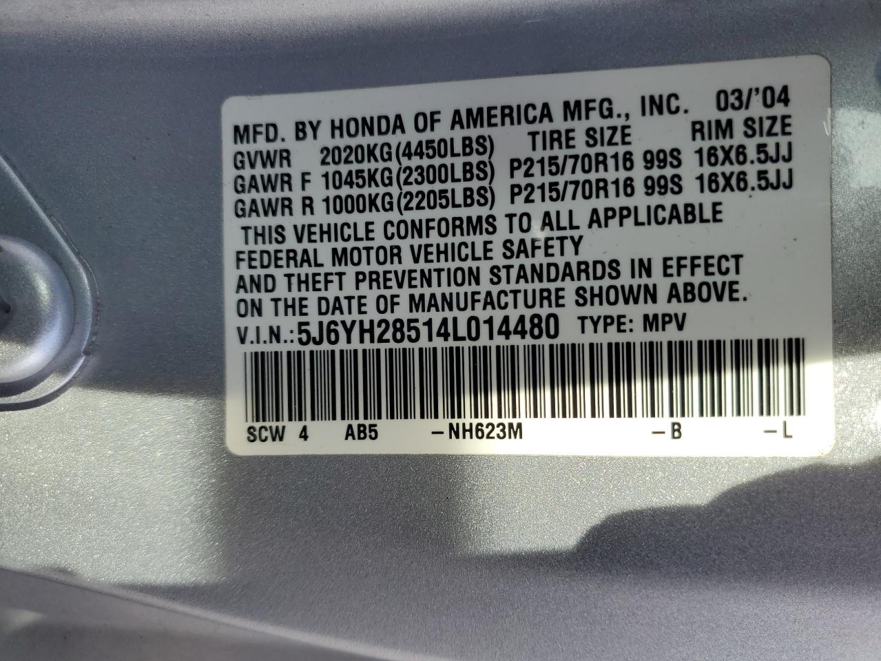 2004 Honda Element Ex VIN: 5J6YH28514L014480 Lot: 93041115