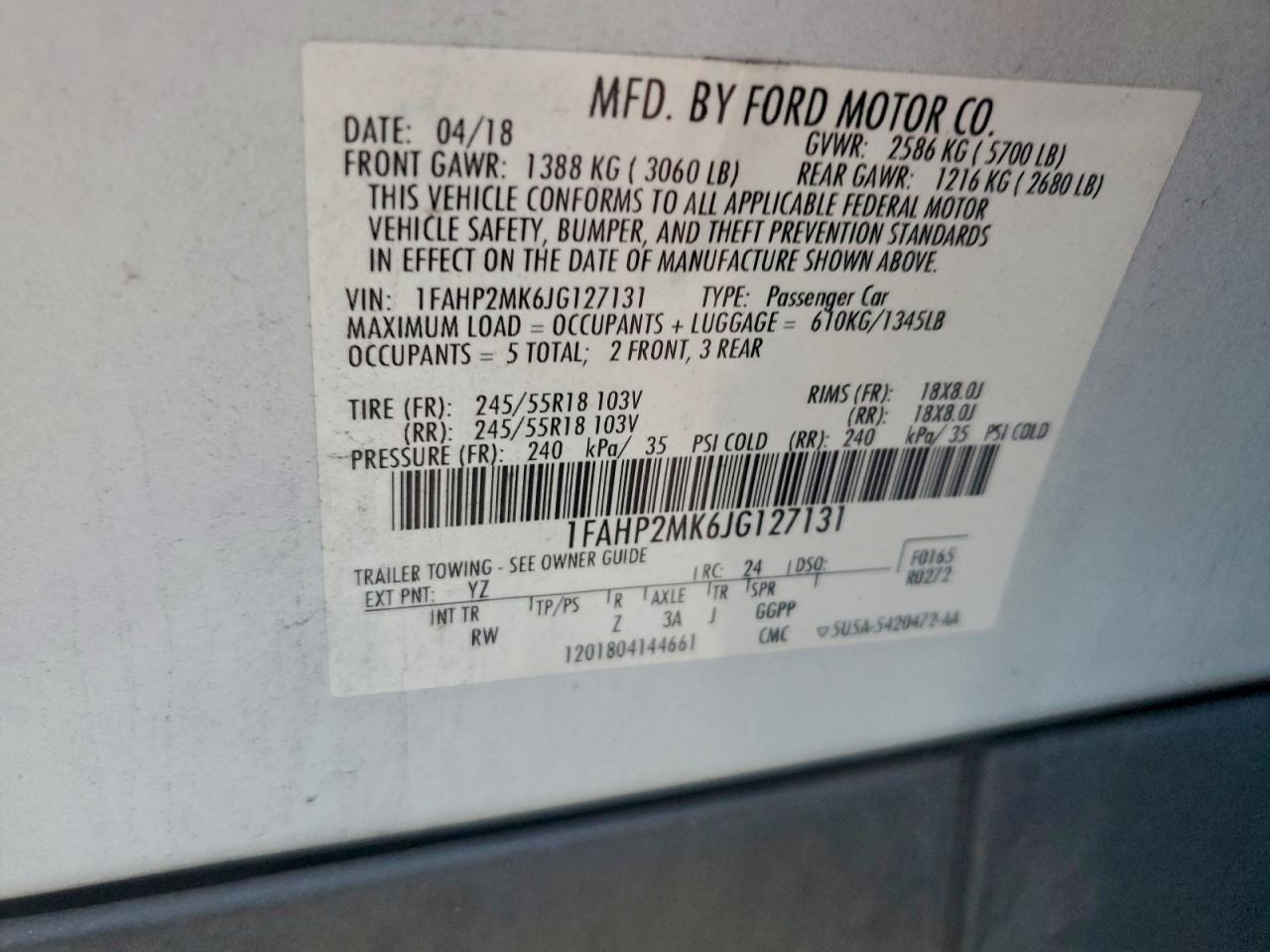 2018 Ford Taurus Police Interceptor VIN: 1FAHP2MK6JG127131 Lot: 94113005