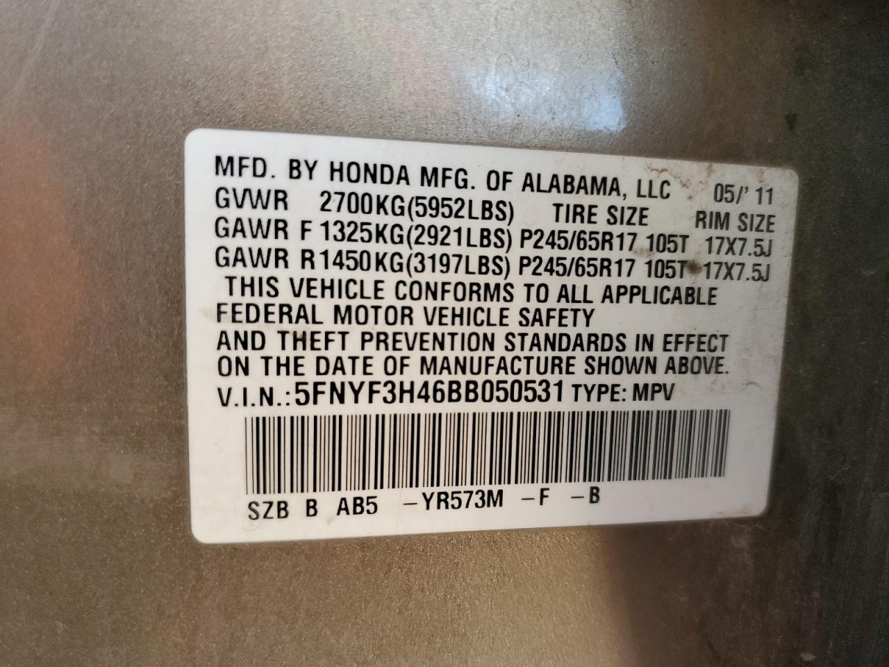 2011 Honda Pilot Ex VIN: 5FNYF3H46BB050531 Lot: 91521385