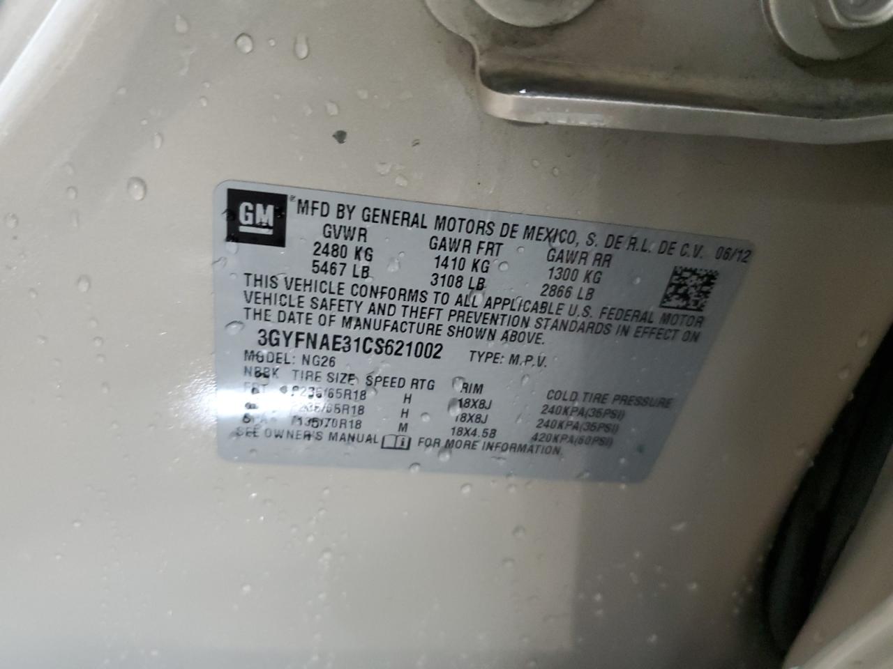 2012 Cadillac Srx Luxury Collection VIN: 3GYFNAE31CS621002 Lot: 93368425