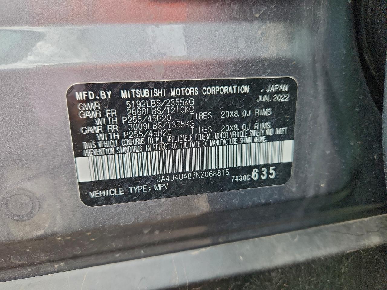 2022 Mitsubishi Outlander Se VIN: JA4J4UA87NZ068815 Lot: 93969975