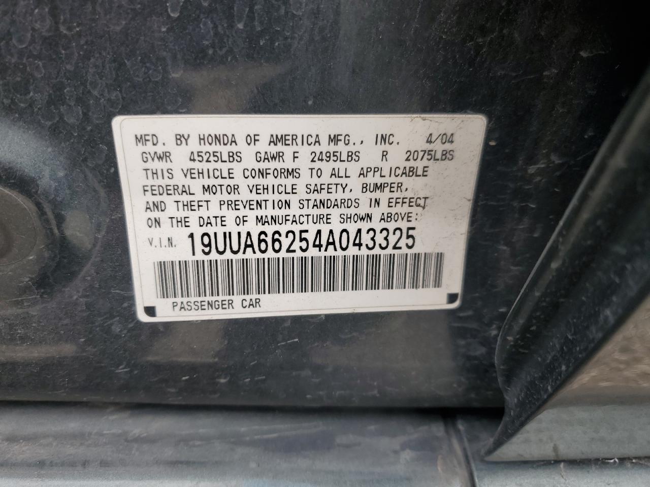 2004 Acura Tl VIN: 19UUA66254A043325 Lot: 91247085