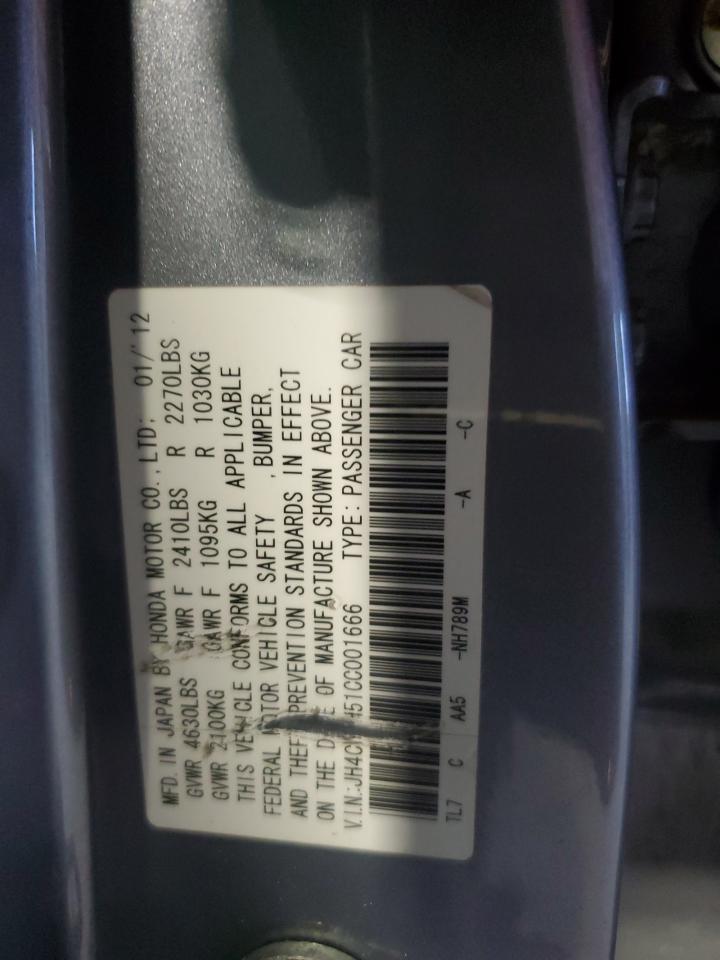 2012 Acura Tsx VIN: JH4CW2H51CC001666 Lot: 92788345