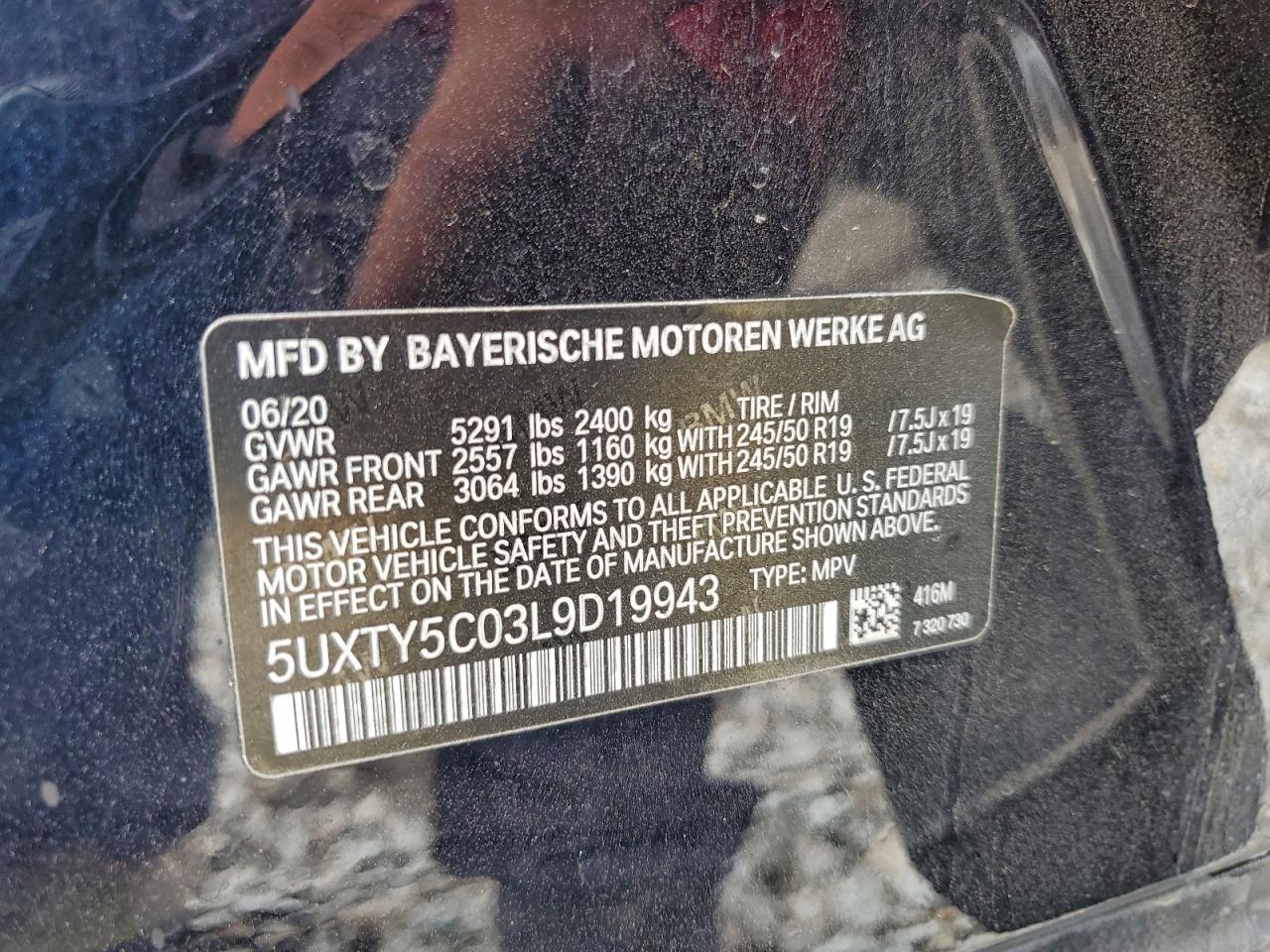 2020 BMW X3 xDrive30I VIN: 5UXTY5C03L9D19943 Lot: 93755375