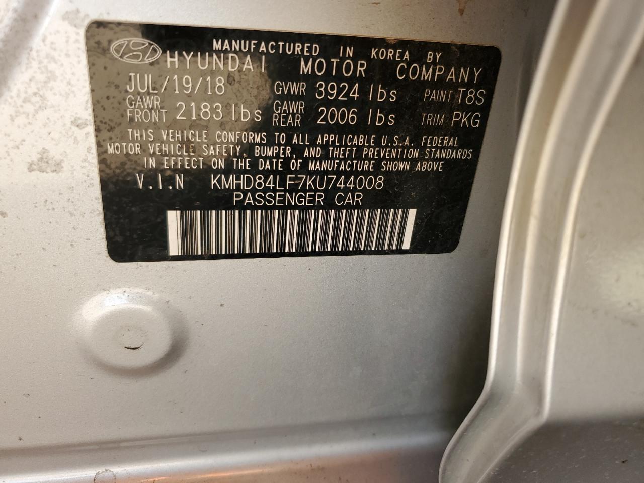 2019 Hyundai Elantra Sel VIN: KMHD84LF7KU744008 Lot: 92617275