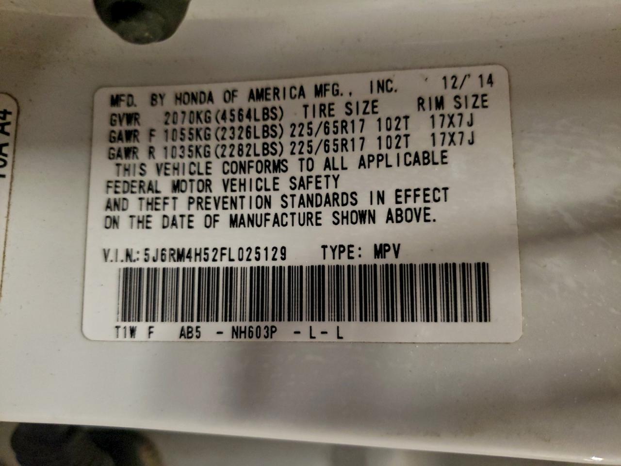 2015 Honda Cr-V Ex VIN: 5J6RM4H52FL025129 Lot: 94284905