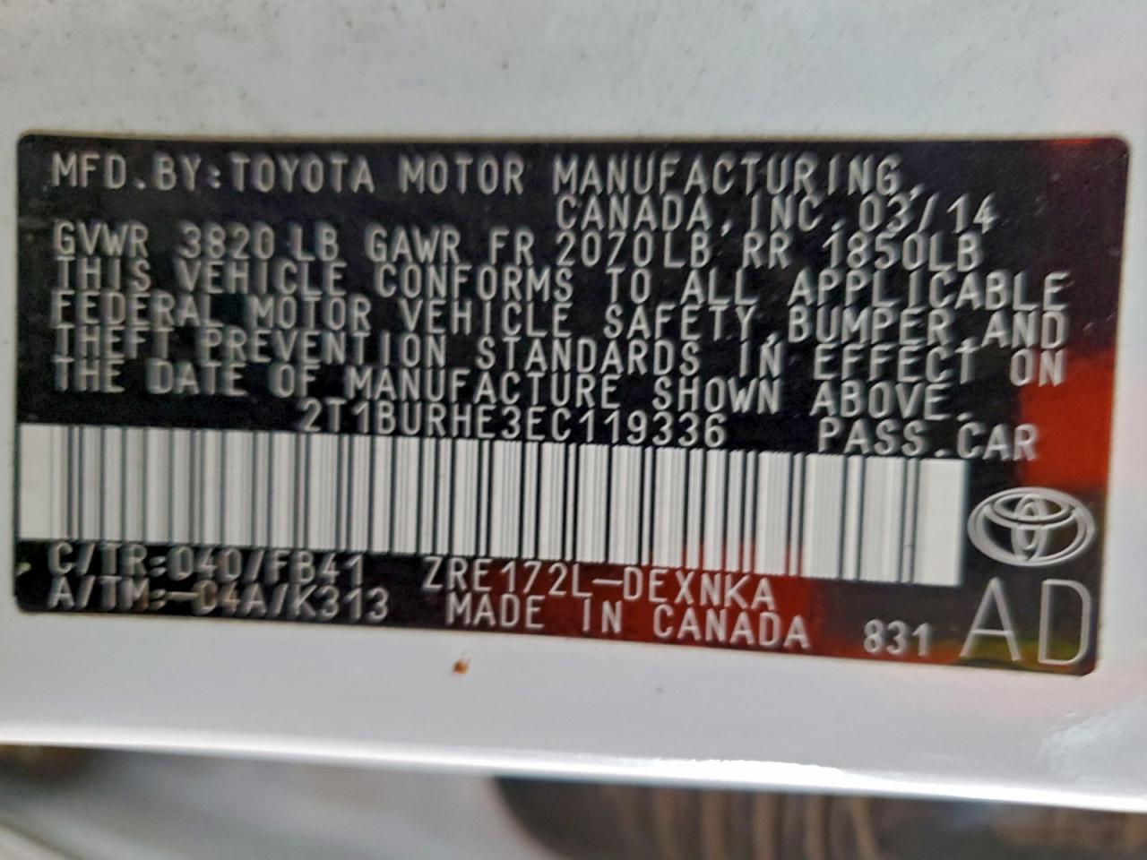 2014 Toyota Corolla L VIN: 2T1BURHE3EC119336 Lot: 94693845