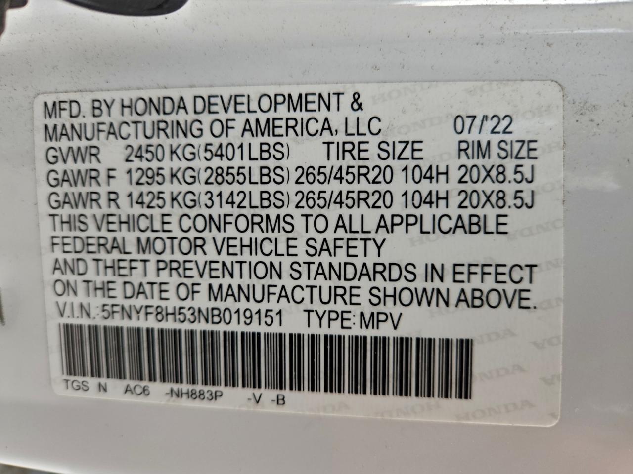 2022 Honda Passport Exl VIN: 5FNYF8H53NB019151 Lot: 94411515