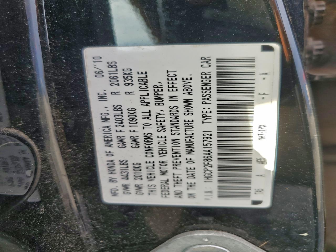 2010 Honda Accord Exl VIN: 1HGCP2F86AA157921 Lot: 93701205