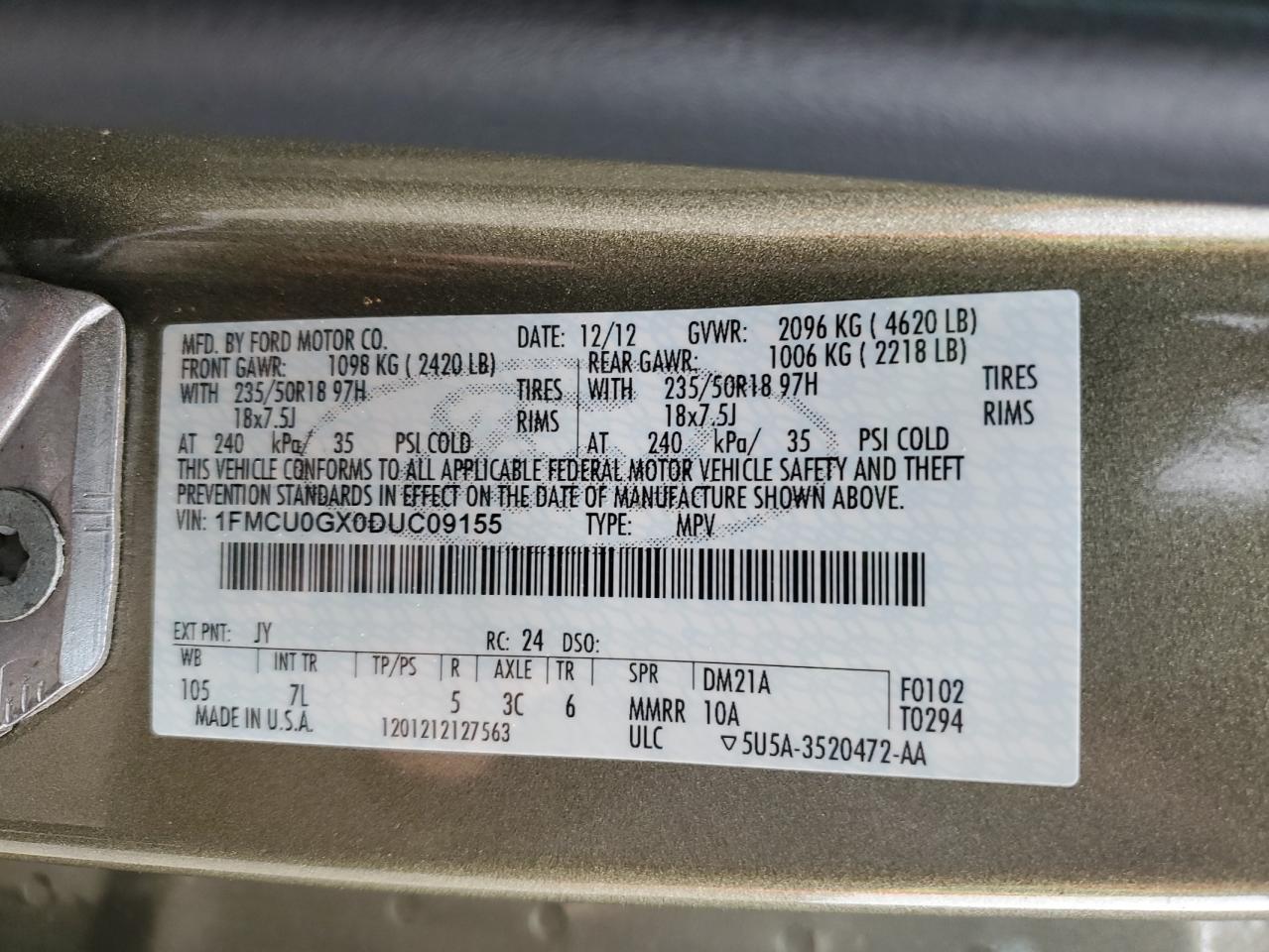 2013 Ford Escape Se VIN: 1FMCU0GX0DUC09155 Lot: 92156365