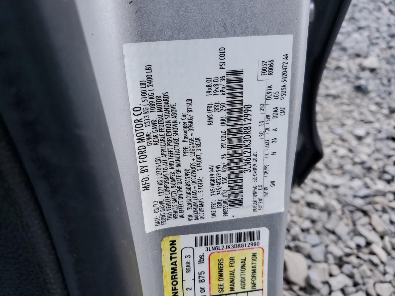 2013 Lincoln Mkz VIN: 3LN6L2JK3DR812990 Lot: 93046795