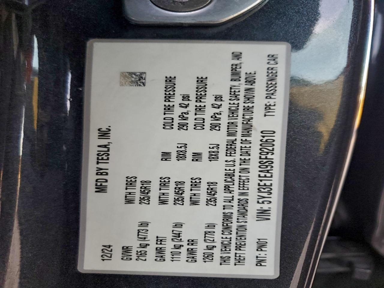 2025 Tesla Model 3 VIN: 5YJ3E1EA9SF920610 Lot: 94799285