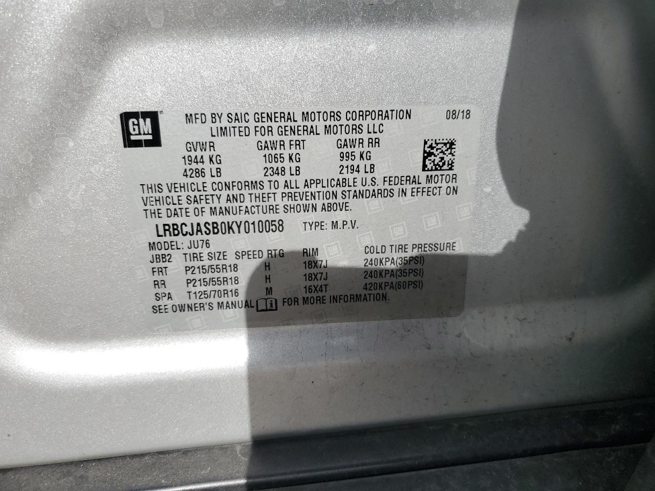 2019 Buick Encore Preferred VIN: LRBCJASB0KY010058 Lot: 92579025