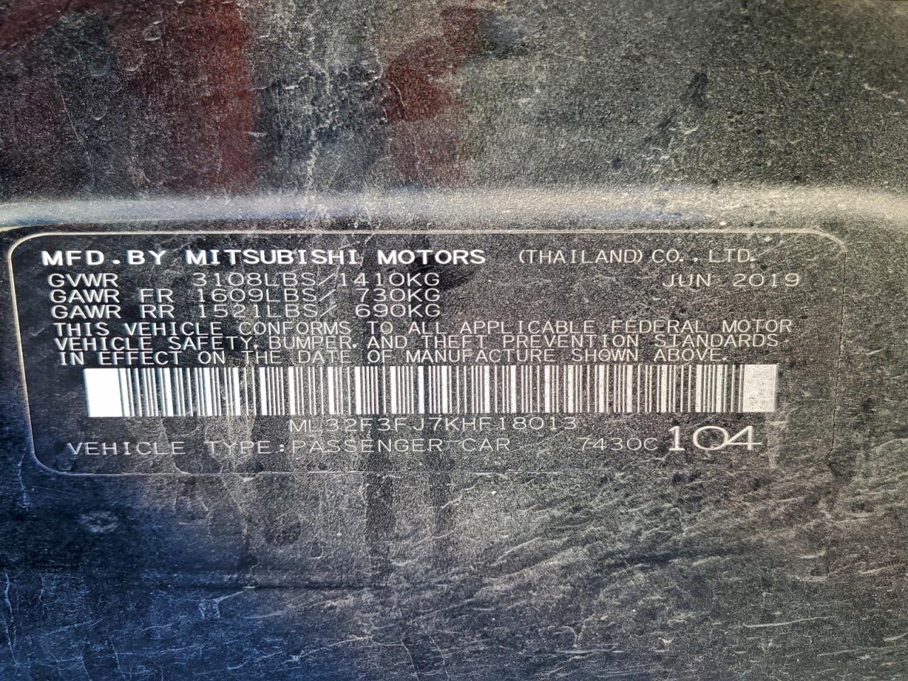 2019 Mitsubishi Mirage G4 Es VIN: ML32F3FJ7KHF18013 Lot: 94759625