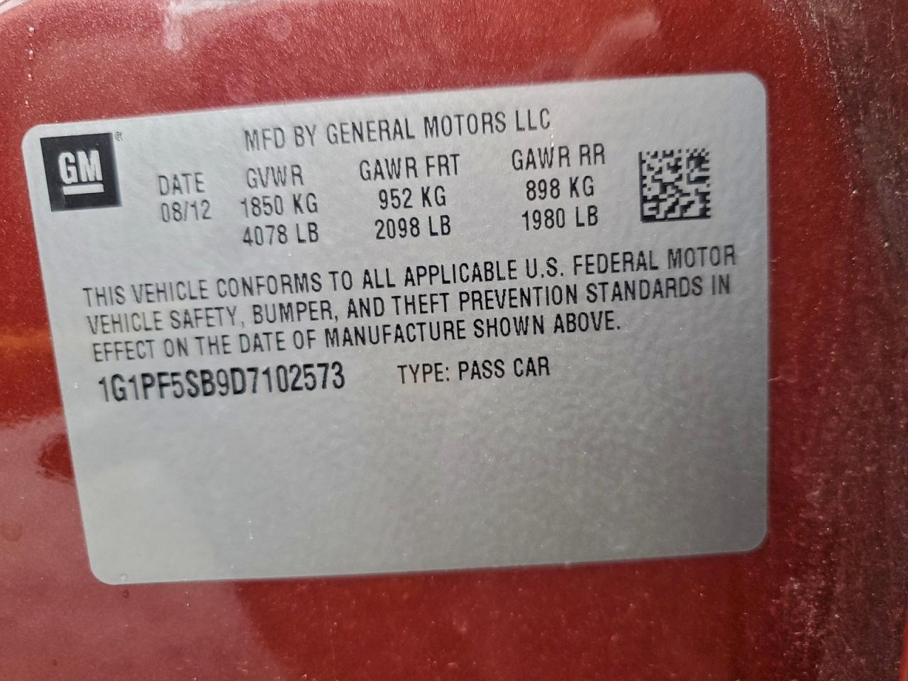 2013 Chevrolet Cruze Lt VIN: 1G1PF5SB9D7102573 Lot: 93310685