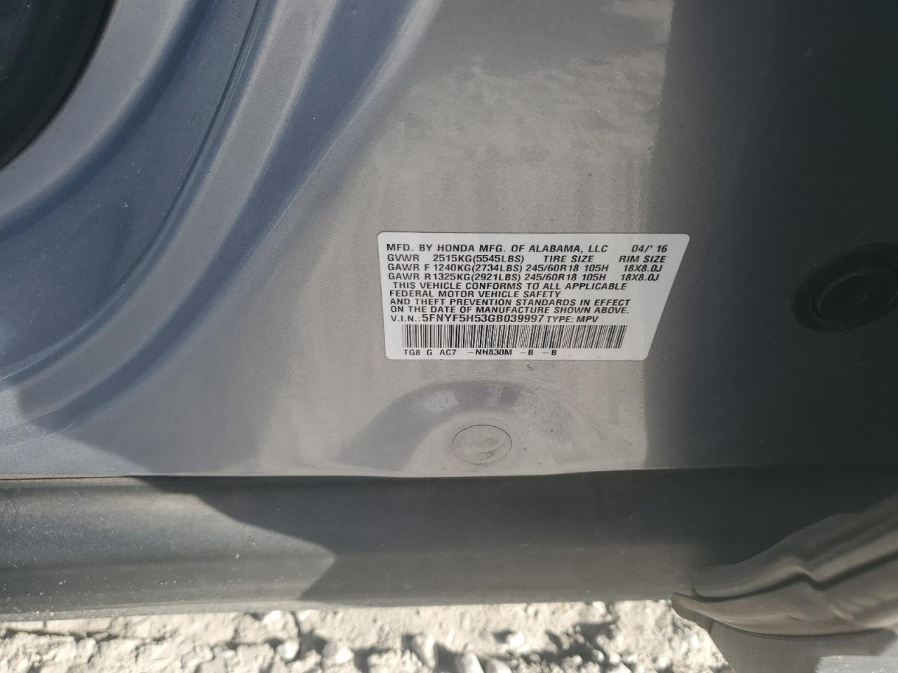 2016 Honda Pilot Exl VIN: 5FNYF5H53GB039997 Lot: 93908415