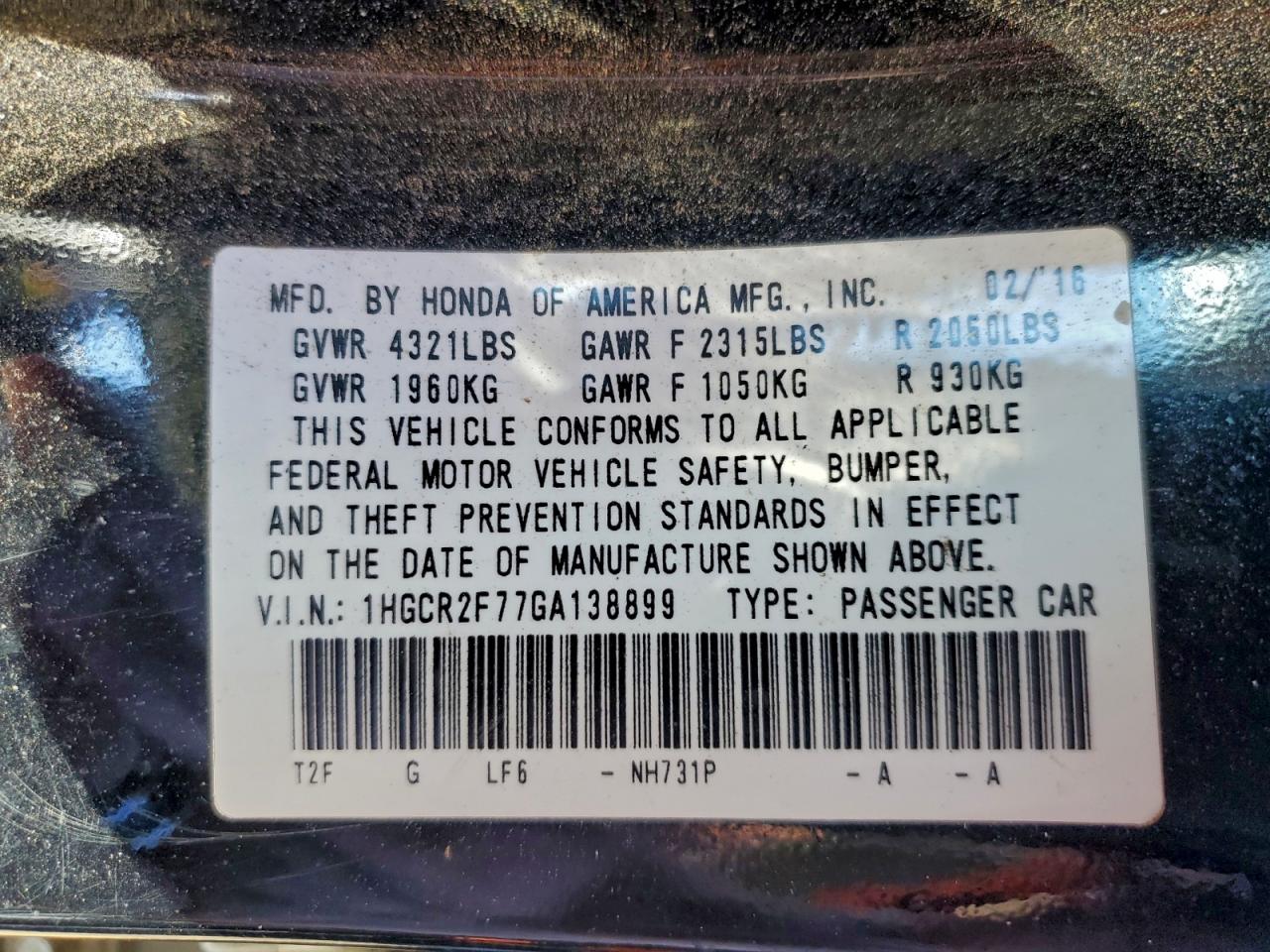 2016 Honda Accord Ex VIN: 1HGCR2F77GA138899 Lot: 93912785