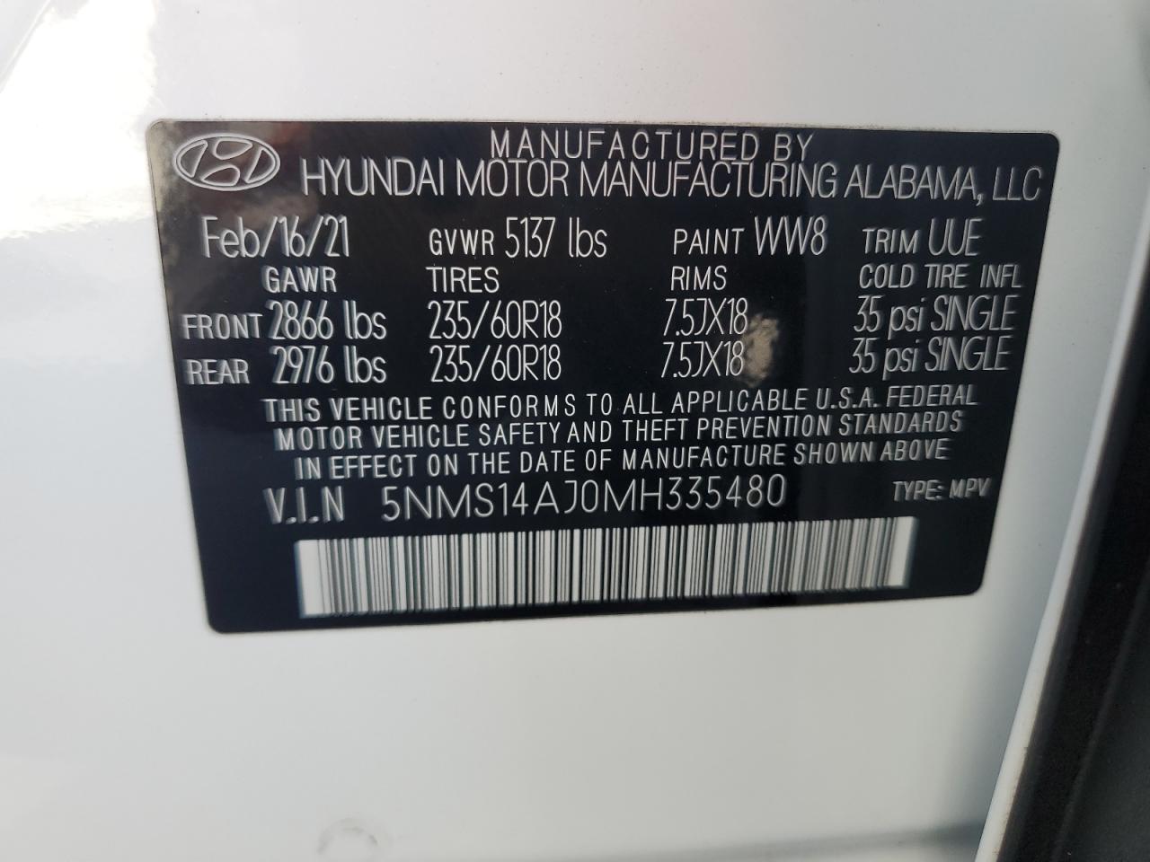 2021 Hyundai Santa Fe Se VIN: 5NMS14AJ0MH335480 Lot: 93695155