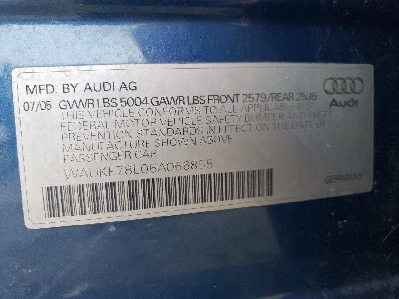 2006 Audi A4 2.0T Avant Quattro VIN: WAUKF78E06A066855 Lot: 93518905