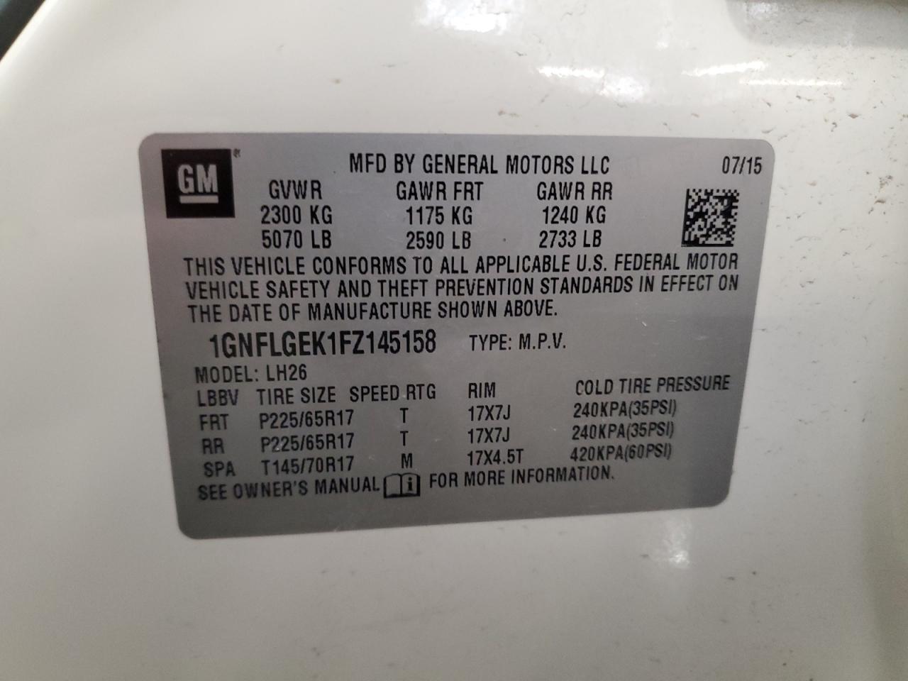 2015 Chevrolet Equinox Lt VIN: 1GNFLGEK1FZ145158 Lot: 85435625