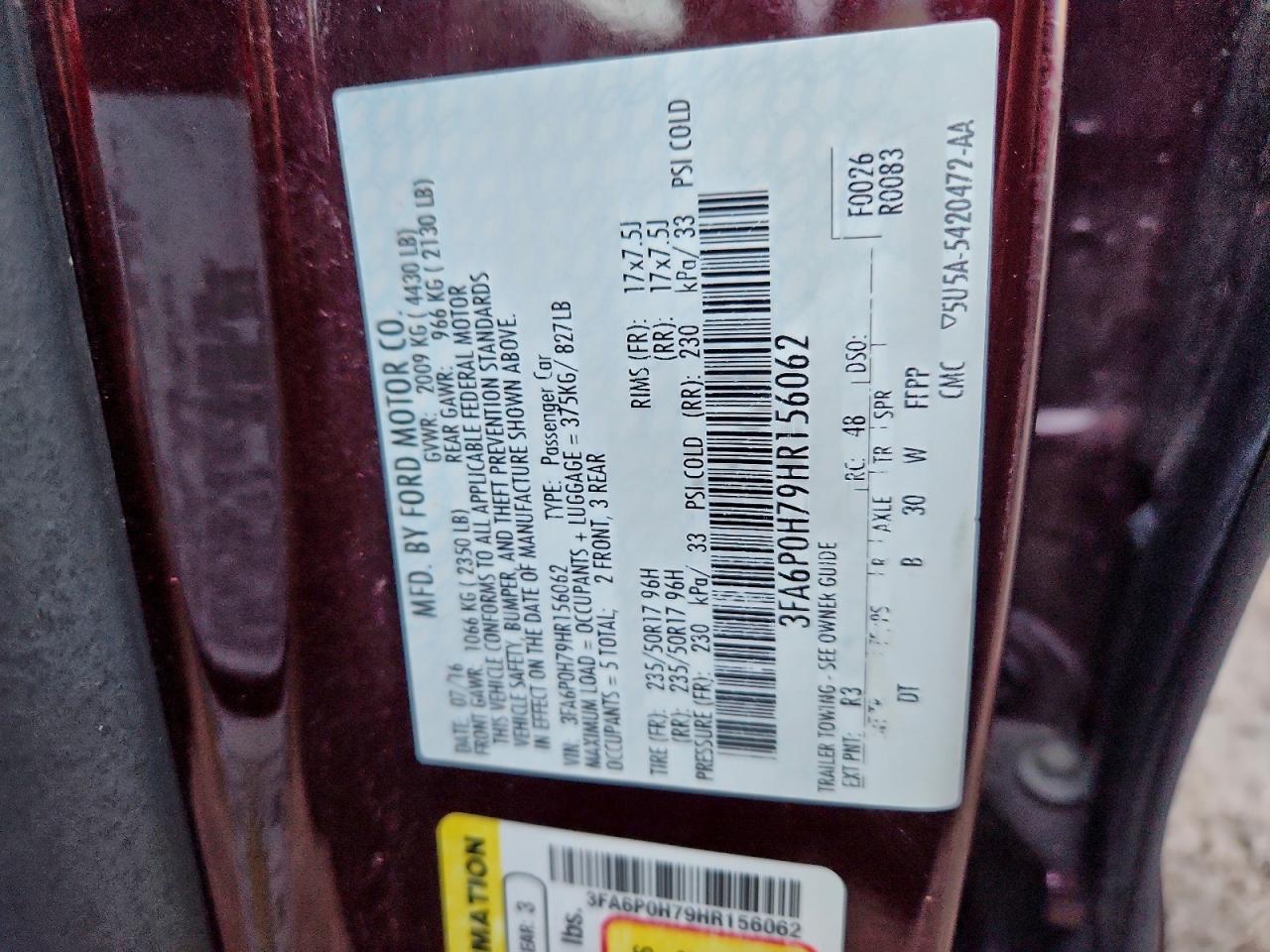 2017 Ford Fusion Se VIN: 3FA6P0H79HR156062 Lot: 93957395