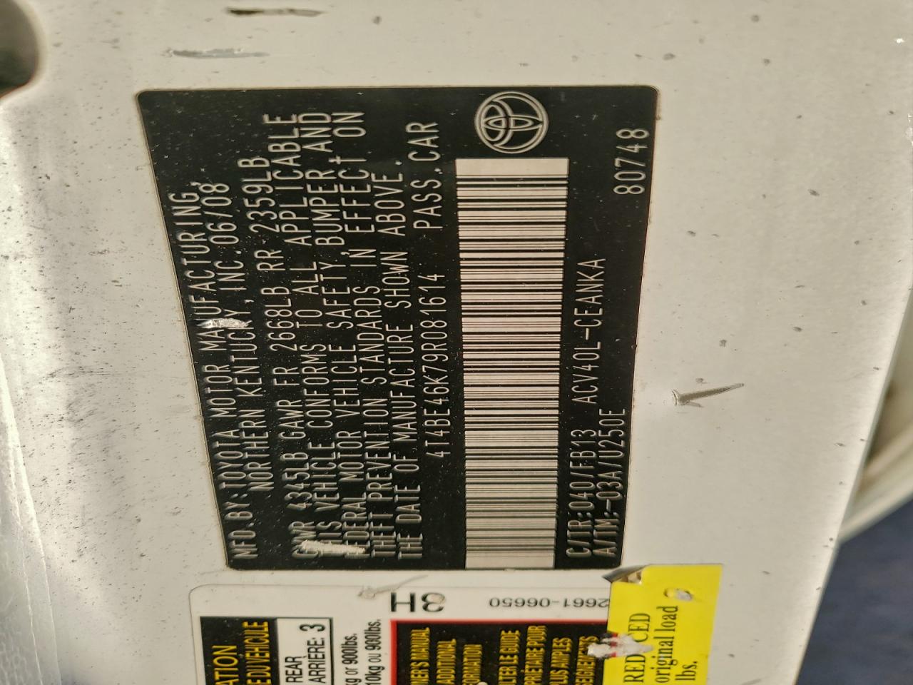 2009 Toyota Camry Base VIN: 4T4BE46K79R081614 Lot: 94667755