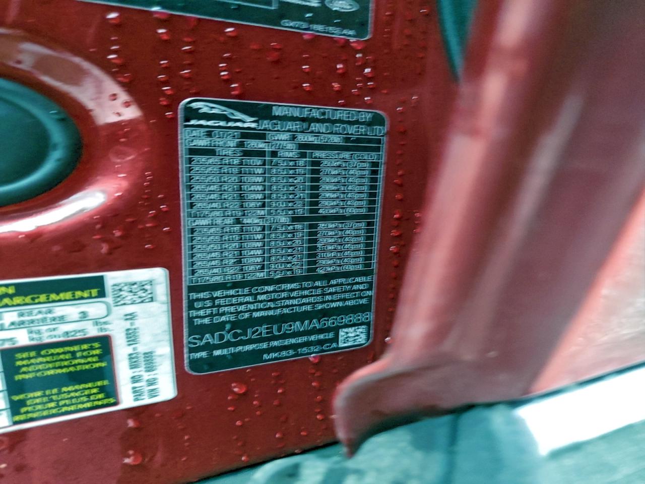 2021 Jaguar F-Pace S VIN: SADCJ2EU9MA669888 Lot: 92441665