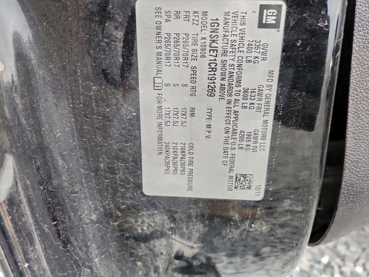 2012 Chevrolet Suburban K1500 Lt VIN: 1GNSKJE71CR191269 Lot: 93991665