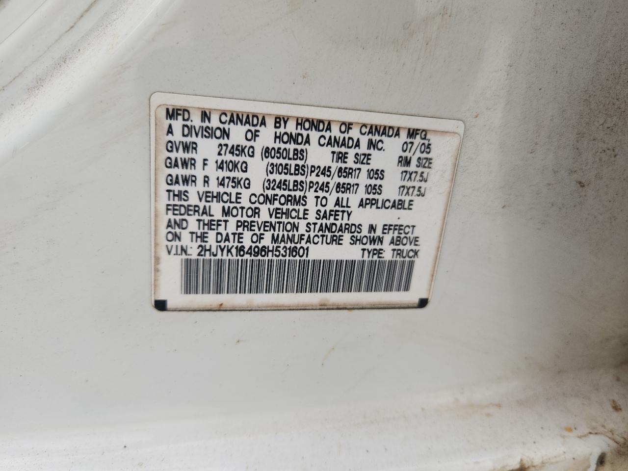 2006 Honda Ridgeline Rts VIN: 2HJYK16496H531601 Lot: 93327615