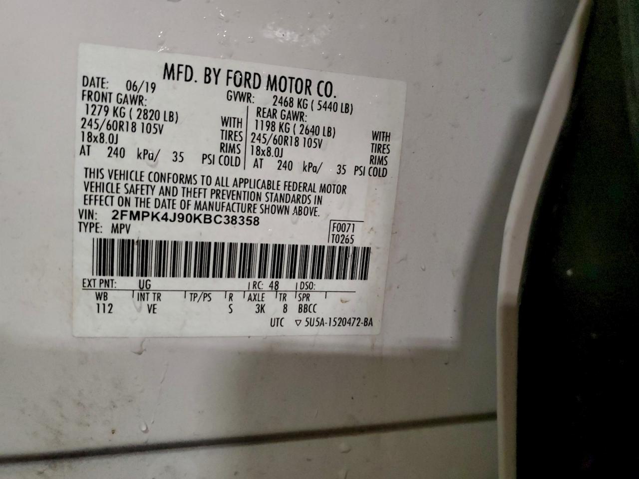 2019 Ford Edge Sel VIN: 2FMPK4J90KBC38358 Lot: 94475595