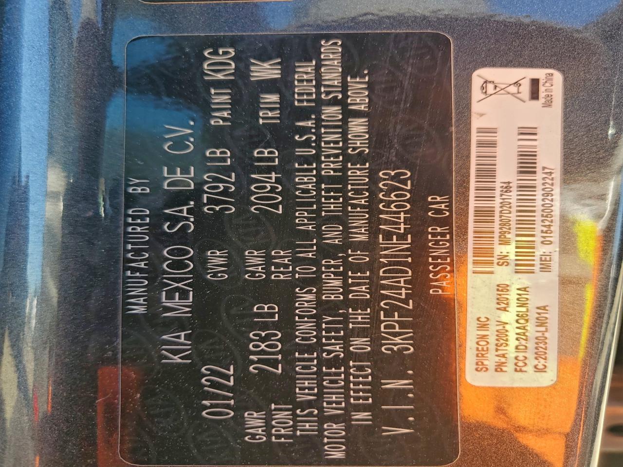 2022 Kia Forte Fe VIN: 3KPF24AD1NE446623 Lot: 92113175