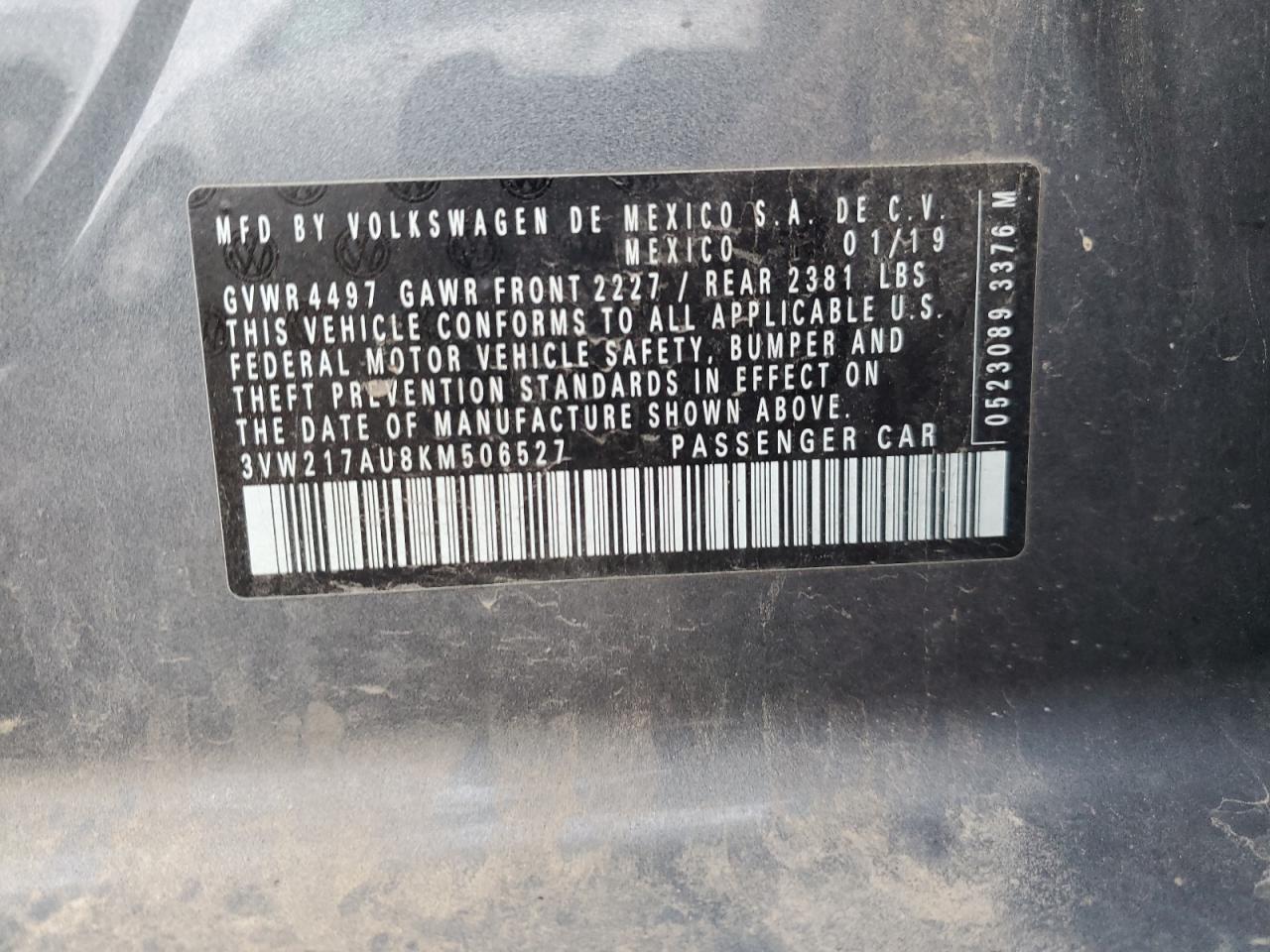 2019 Volkswagen Golf Sportwagen S VIN: 3VW217AU8KM506527 Lot: 90865665