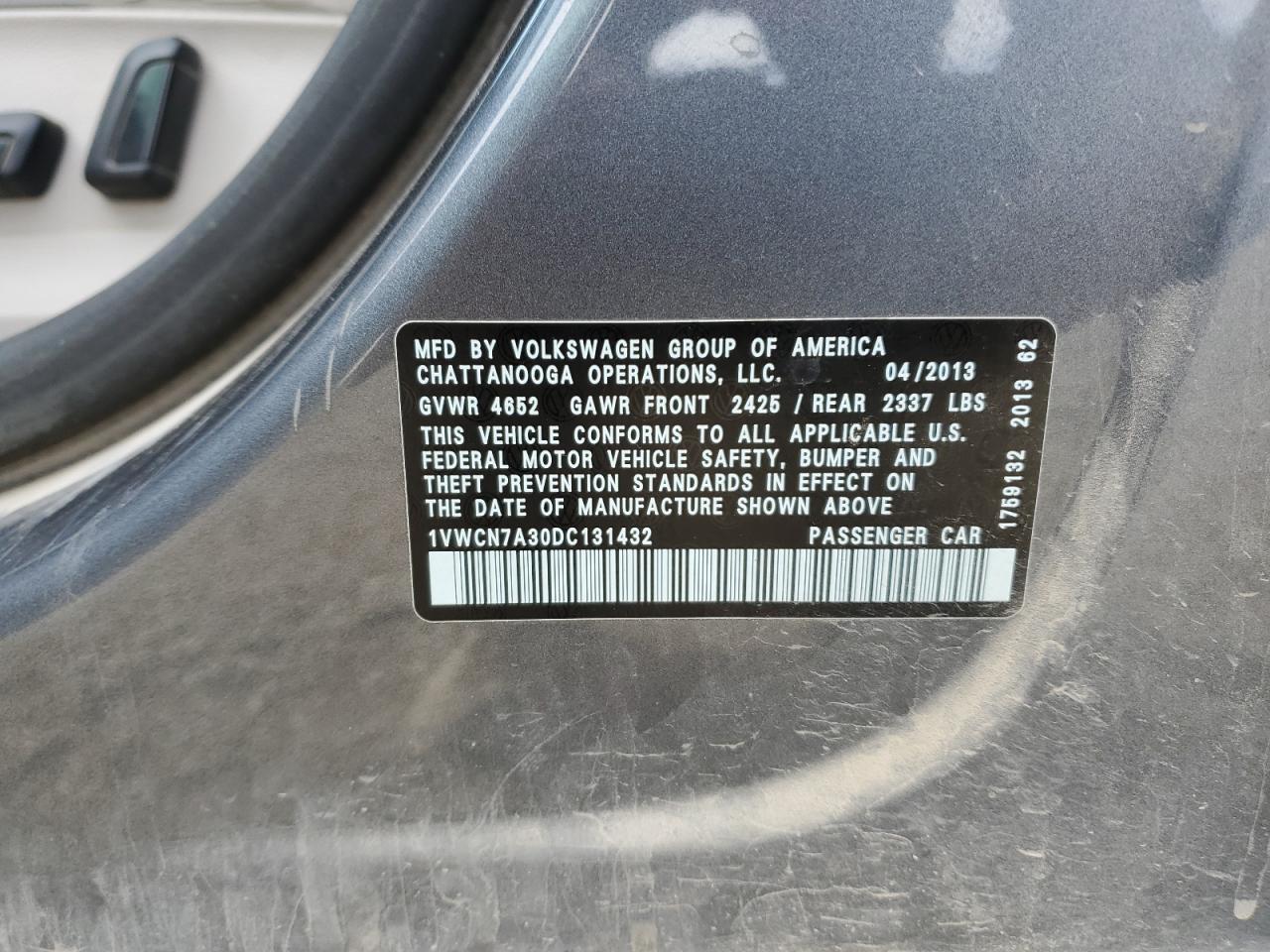 2013 Volkswagen Passat Sel VIN: 1VWCN7A30DC131432 Lot: 91836375