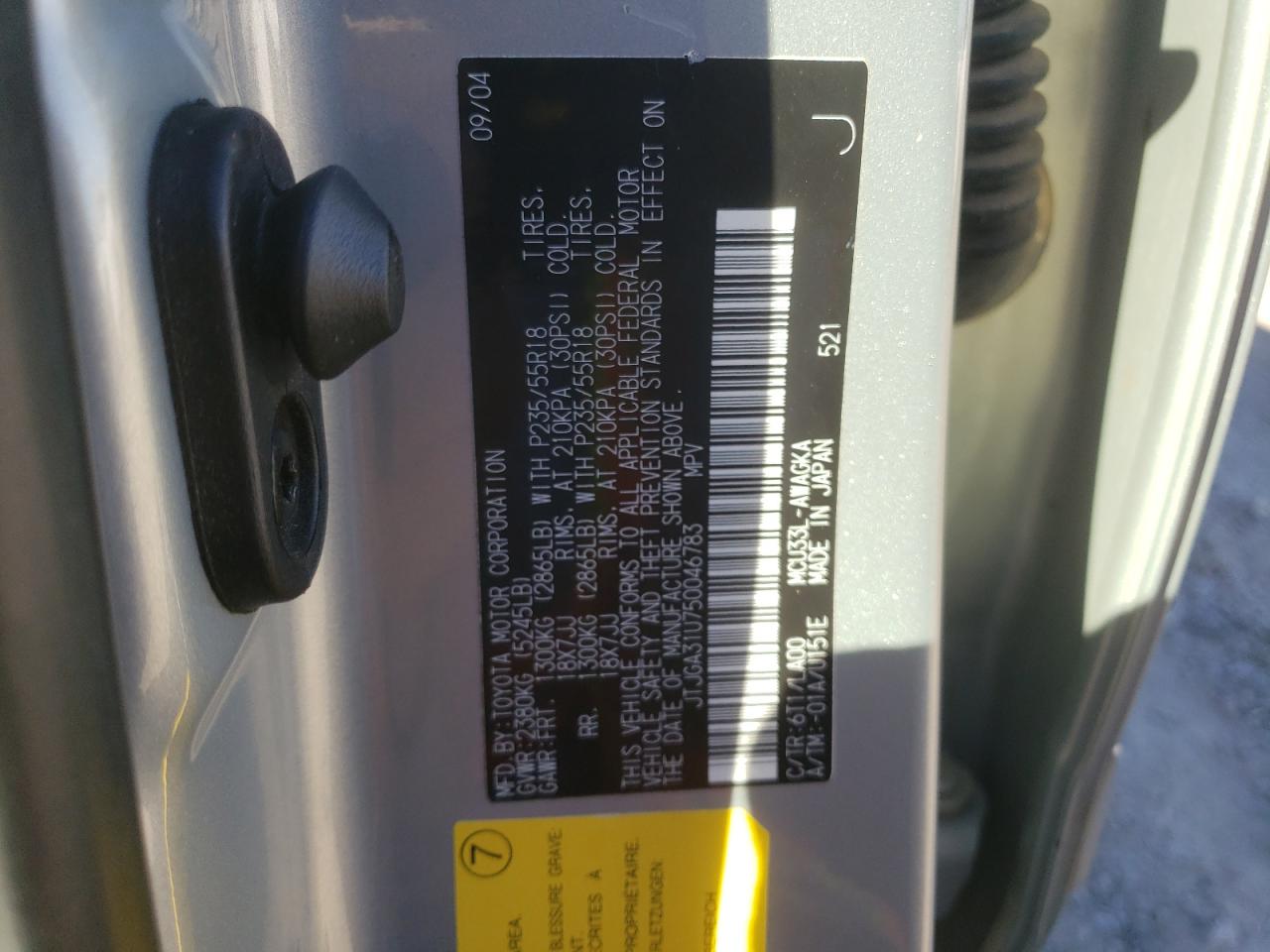 2005 Lexus Rx 330 VIN: JTJGA31U750046783 Lot: 90790445