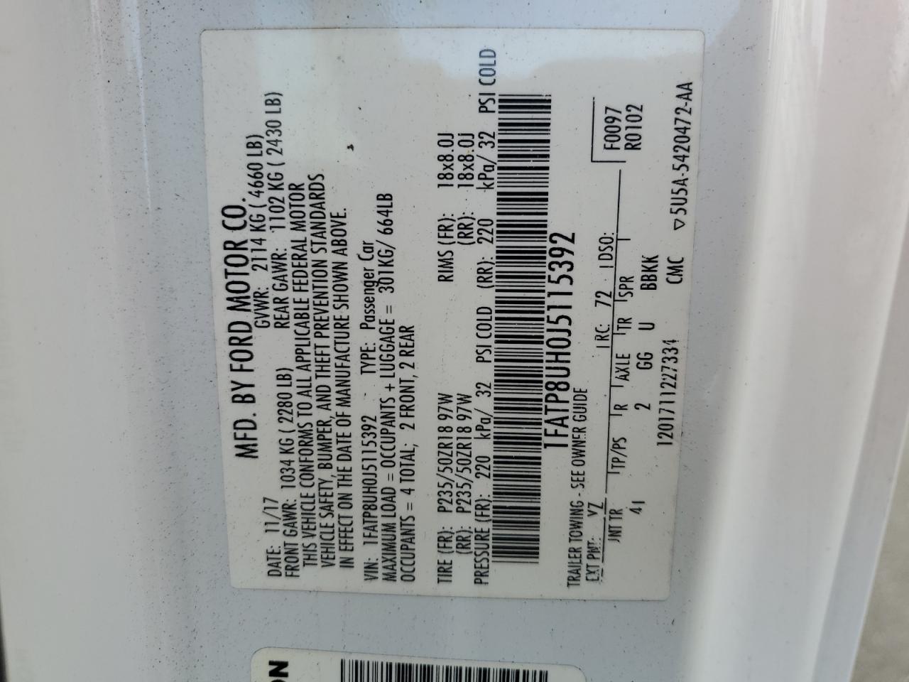 2018 Ford Mustang VIN: 1FATP8UH0J5115392 Lot: 91932995