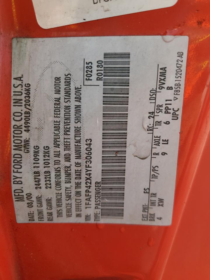 2000 Ford Mustang Gt VIN: 1FAFP42X4YF306043 Lot: 89455265