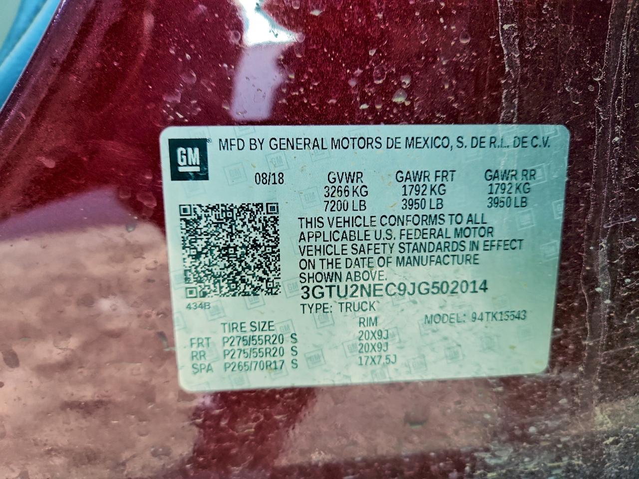 2018 GMC Sierra K1500 Slt VIN: 3GTU2NEC9JG502014 Lot: 93634945