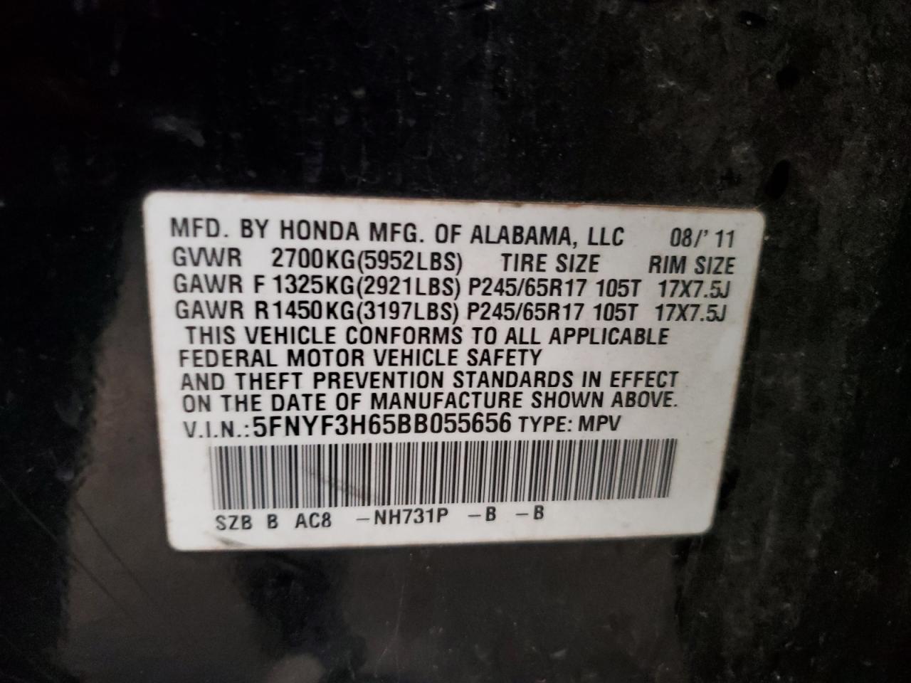 2011 Honda Pilot Exl VIN: 5FNYF3H65BB055656 Lot: 93477735