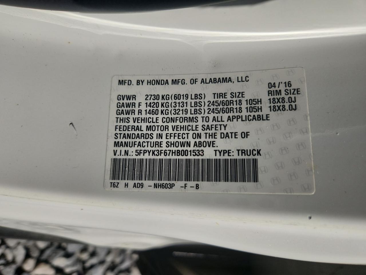 2017 Honda Ridgeline Rtl VIN: 5FPYK3F67HB001533 Lot: 92610345