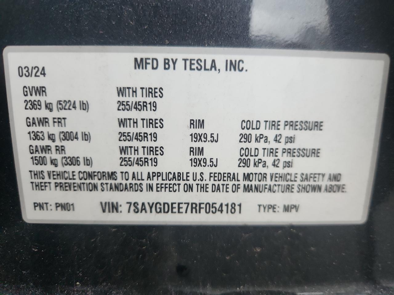 2024 Tesla Model Y VIN: 7SAYGDEE7RF054181 Lot: 93234715